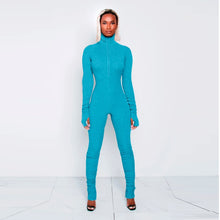 Load image into Gallery viewer, Women turtle neck long sleeve ruched Jumpsuit casual blue cotton ribbed bodycon overalls sexy
